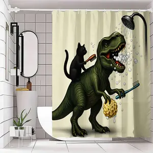 Whimsical T-Rex Shower Curtain Set, Fun Dinosaur Bath Decor, Colorful T-Rex, Playful Cat Accents, Bubbles & Water Droplets, Unique Bathroom Makeover, Gift Idea