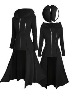 Women's Long Hooded Jacket Coat Asymmetrical with Zipper Front, Casual Fall & Winter Outerwear, Pocket Design, Relaxed Fit, Perfect for Outdoor Activities