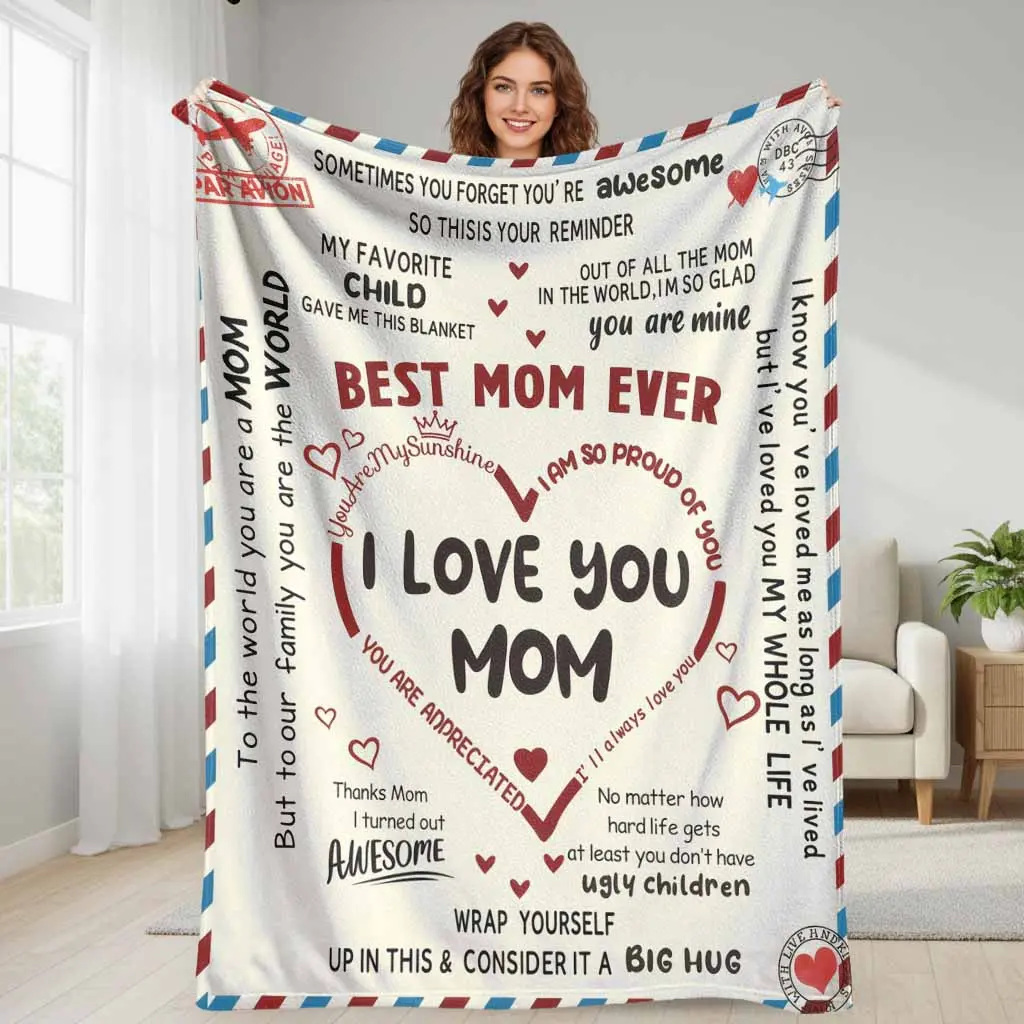 Flannel Fabric Throw Blanket - Multi-Size (30x40in, 50x60in Medium), All Seasons, Anti-Pill, Wrinkle-Resistant, Soft, Breathable, Durable, "Best Mom Ever Love You Mom" Letter Print, Mother’s Day Gift, Indoor/Outdoor Camping Companion, Sofa Couch Decor