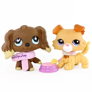 2 Pcs Cute Big Eye Long Hair Puppy Mini Figurines, Hand Painted PVC Collectible Dog Dolls with Knitted Scarf & Pet Bowl Accessory, Pretend Play Toys, Cake Topper Decor & Kids Birthday Holiday Gifts