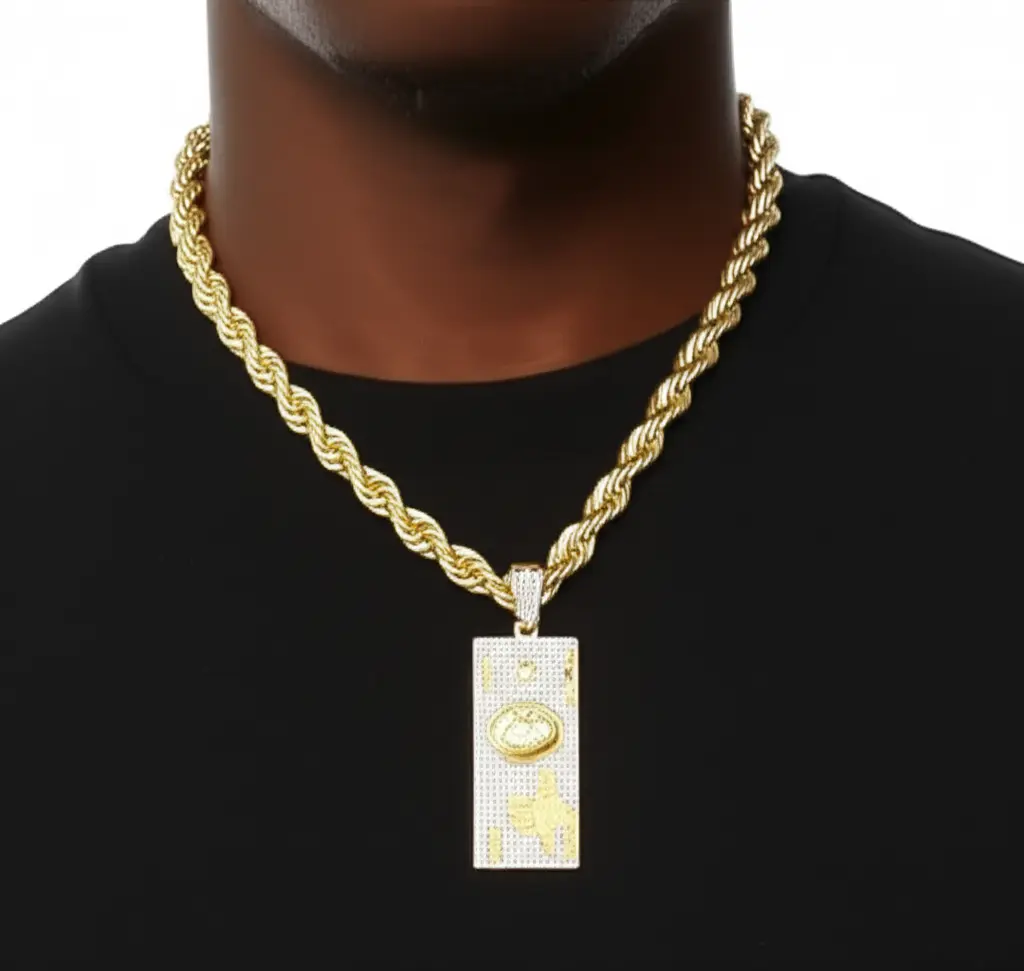 MaxBling81 Men's Iced Out $100 Bill Pendant Necklace, 8mm 24-Inch Gold-Plated Textured Rope Chain, Cubic Zirconia Hip Hop Jewellery, Fashion Costume Accessory, Gold Cuban Chain, Daily Wear Necklace, Miami Cuban Chain
