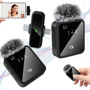 Wireless Lavalier Microphone, USB Rechargeable Wireless Microphone, Dual Channel Wireless System with Built-in Microphones, Compatible with Cameras, iOS and Android Phones