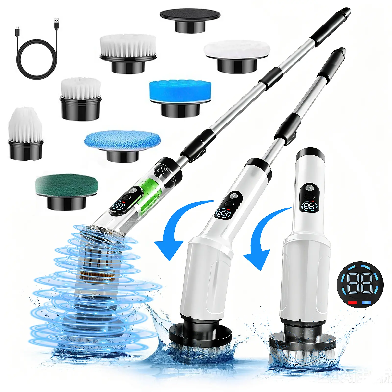 Digital Display Cordless Electric Spin Scrubber, Retractable Adjustable Handle, 8 Interchangeable Brush Heads, Multi-Purpose Household Cleaner for Shower Tile, Bathtub, Bathroom, Hard Floors, Kitchen Stove, Window, Toilet, Car Wheel Detailing