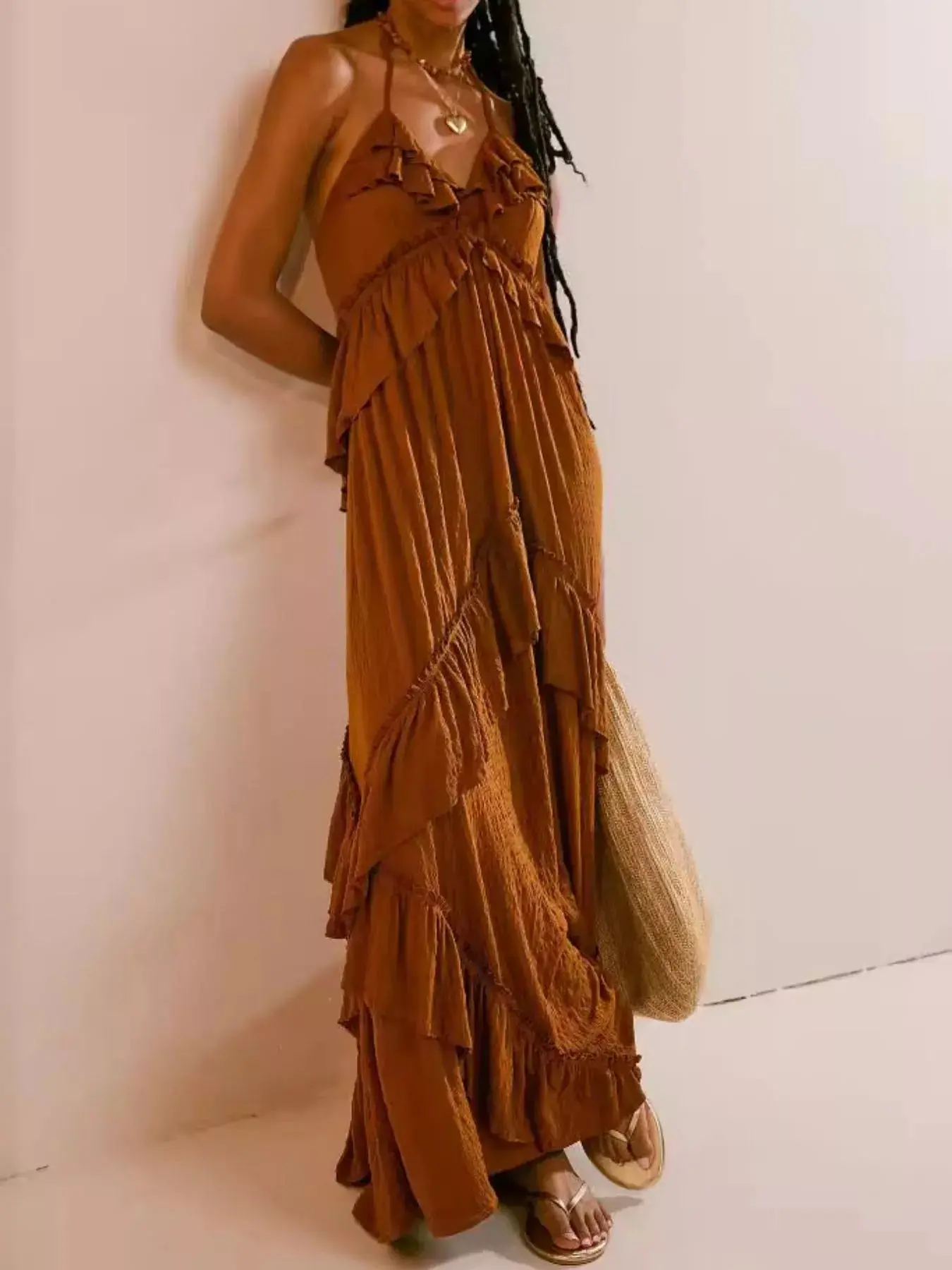 Women's Chic Ruffled Halter-Neck Maxi Dress, Lightweight Adjustable Polyester Casual Dress for Beach