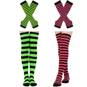 2/4 Sets Womens Striped  High Socks Long Knitted Arm Warmers Fingerless Gloves for Halloween Costume