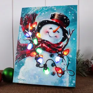 Christmas Joy 8x6 Lighted Tabletop Canvas by Dona Gelsinger Featuring Snowman with Multicolored LED Lights and Easel Back