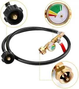 WADEO Propane Refill Adapter Hose with Gauge, 4FT/48'' Propane Tank Refill Adapter Extension Hose for 1LB Propane Gas Tanks with ON/Off Control Valve, 2X 1lb Propane Bottle Caps Included