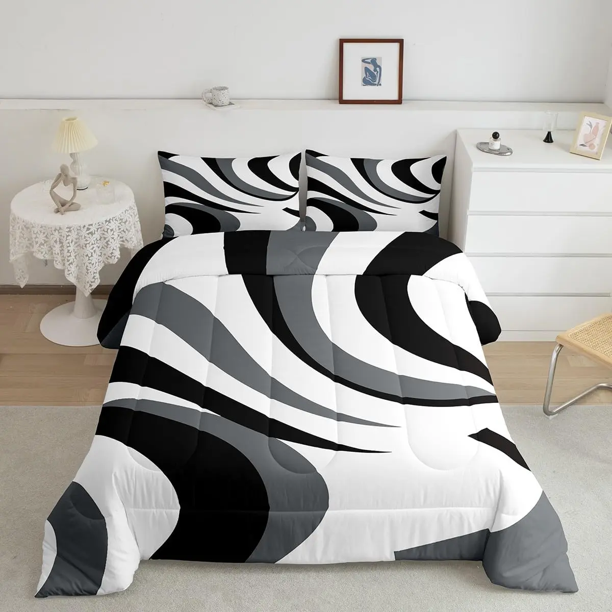 Feelyou Twin Size Geometric Designer Bedding Set - Black, Grey, White Striped Modern Art Style Bedroom Bedding, Breathable Duvet, Decorative Abstract Quilt Set, Bedroom Bedding Set