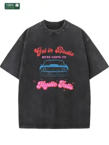 Vintage Washed Black Get In Bestie Mystic Falls Muscle Car Graphic Oversized T‑Shirt, Vampire Diaries TV Show Fan Casual Streetwear Top for Men Women