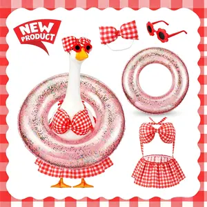 23" Red Plaid Bikini Porch Goose Outfit, Summer Clothes with Sunglasses & Swim Ring, Outdoor Garden Patio Statue Decor