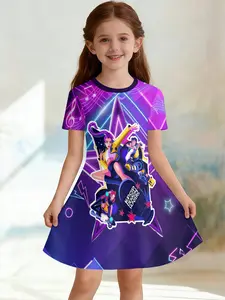 Girls' 3D Short Sleeve Dress, Neon Kda Full Print Summer Dress, Perfect for Parties, Festivals, Gifts, Birthday Presents