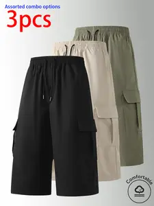 Pack of 3 men’s cargo shorts: three-quarter shorts with side pockets, drawstring waist, running/sports shorts that are breathable and comfortable. Suitable for summer daily commuting and work, outdoor running, holiday leisure. Simple solid colors that are
