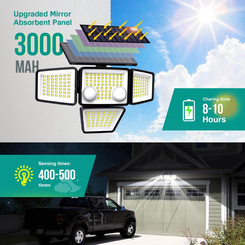 LYWALT Solar Motion Sensor Lights-4 Heads 3000LM, IP65Waterproof, 270°Wide Angle Lighting Security Light for Yard, Garage, Porch, Pool,Garden,Barn,Patio,Thanksgiving home decor,Holiday Haul,Christmas gifts