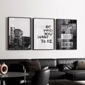 Motivational Road Sign Wall Art Set of 3, Dream Seek Achieve Poster, Remember Who You Wanted To Be Print, Industrial Digital Download Art