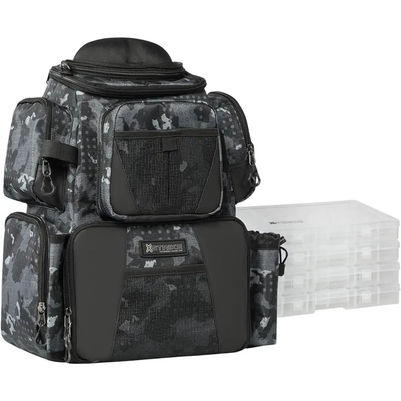 48L Large Fishing Tackle Backpack with Rod Holders, 4 Tackle Boxes, Waterproof, Ideal for Fishing, Camping, Hiking