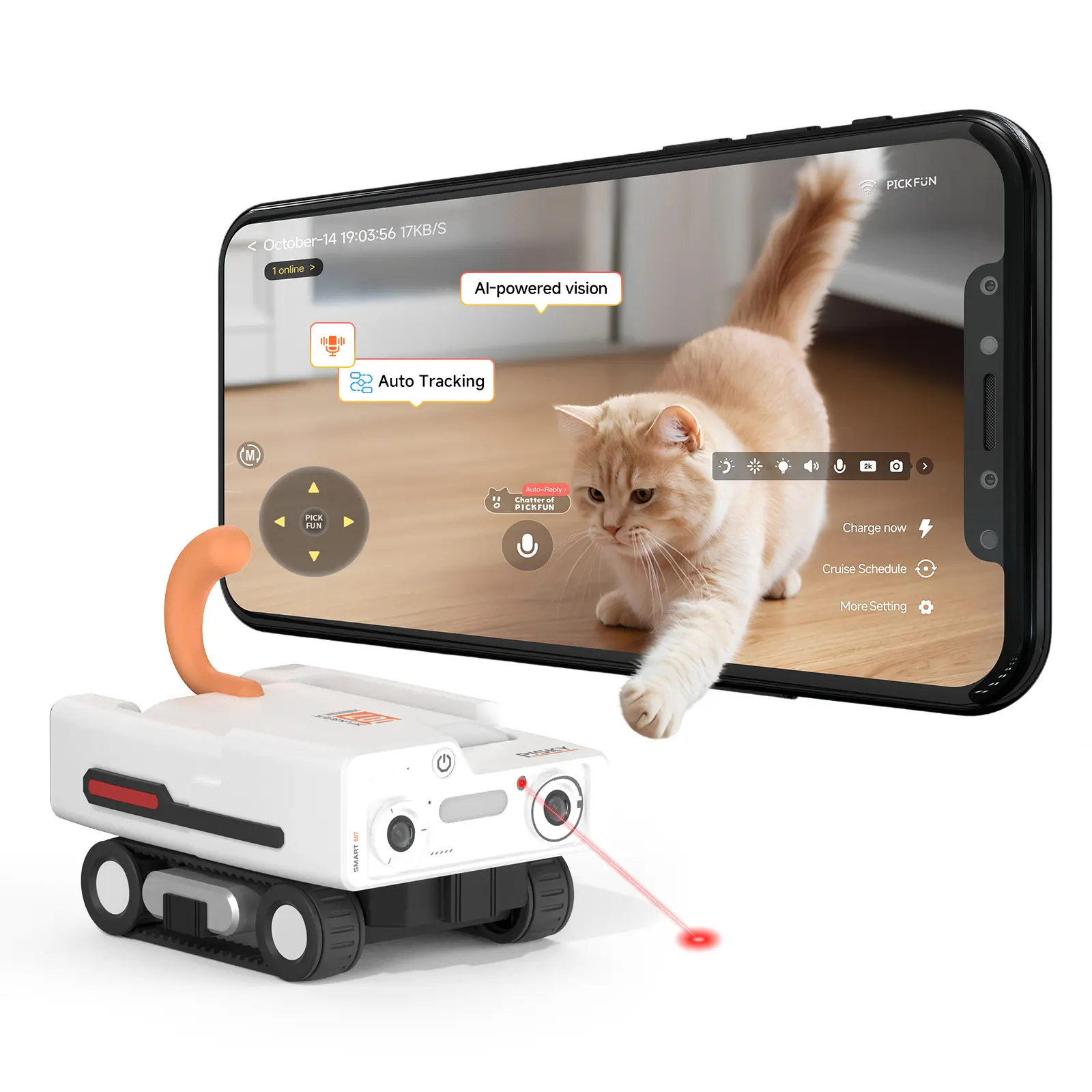 PICKFUN A3 AI Pet Companion Robot Camera for Dogs & Cats - Auto Cruise, Ball Launcher, Treat Feeder, 2-Way Talk, 1080P Night Vision, Self-Charging, App Control, Yes