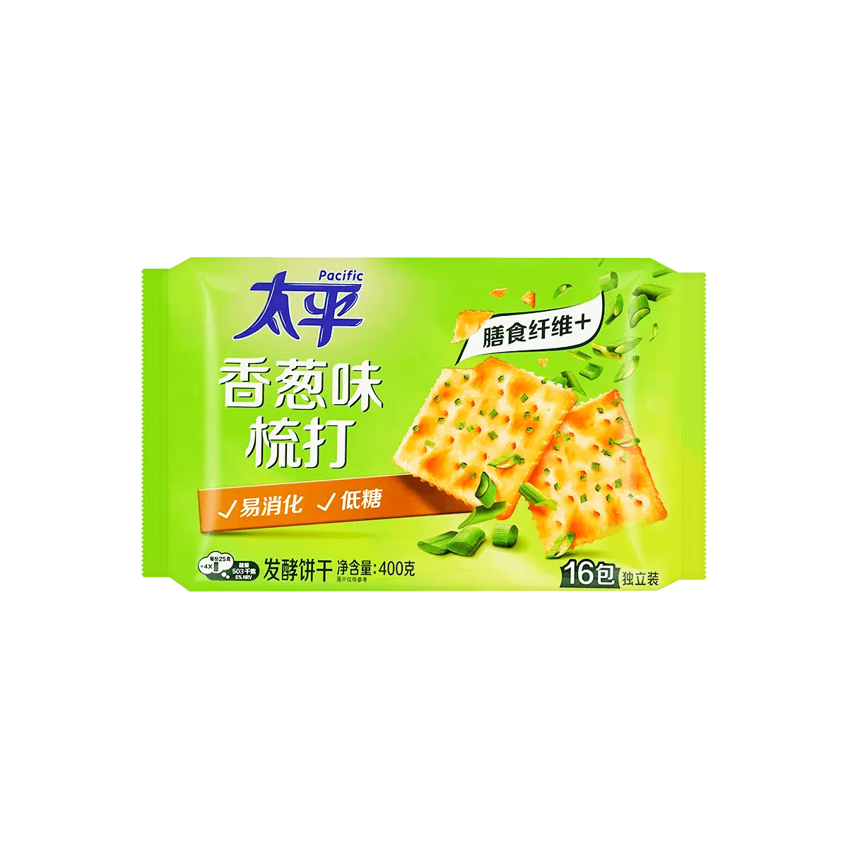 PACIFIC Low Sugar Scallion Flavor Fermented Biscuits - 400g Rich in Dietary Fiber, Healthy Snack