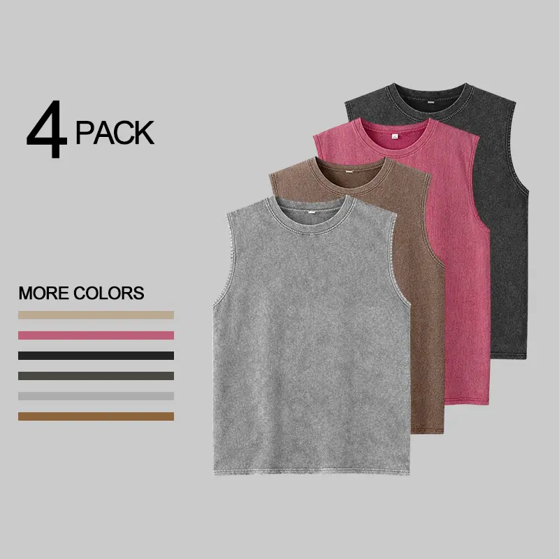 Men’s 4-Pack Vintage Washed Sleeveless Crew-Neck Tank Tops, Casual Athletic Tops, Suitable for Gym, Streetwear, Summer Essential - Father’s Day Gift