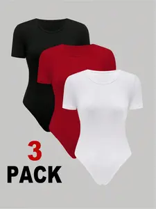 Women's Solid Color Bodysuit, Casual Comfy Round Neck Short Sleeve Bodysuit for Daily Wear, Ladies Clothes for Spring & Fall, Socks
