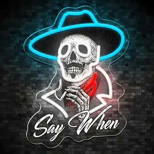 "Say When" Smoking Skull Neon Sign, Powered by USB-Adjustable Brightness Lighting, Used for Bedroom, Game Room, Party or Men's Cave Party Decoration, Gift for Movie Fans..