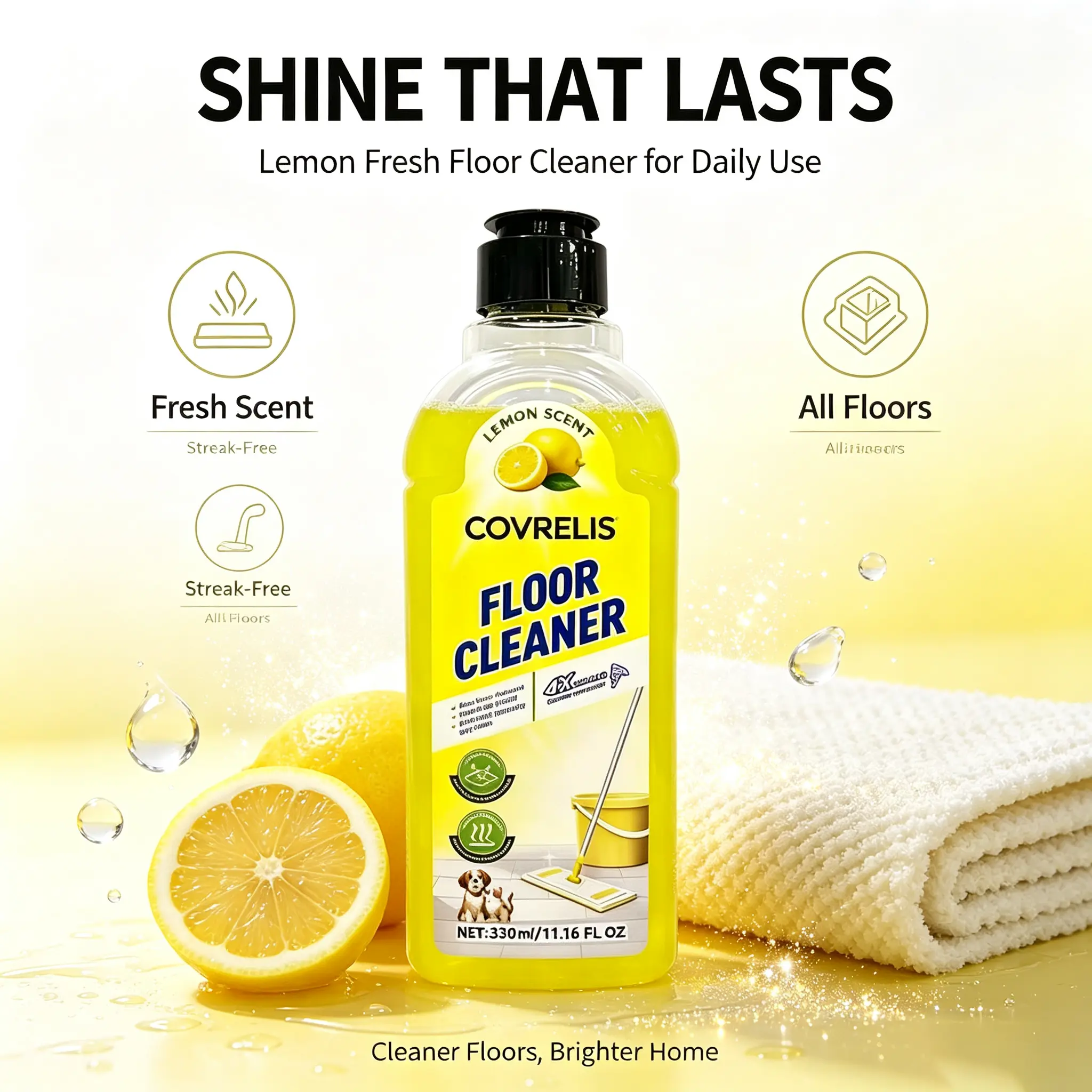 COVRELIS Floor Cleaner, Lemon Scent — suitable for tiles and wooden floors; long-lasting freshness, removes everyday stains and dust; pet-friendly, ideal for home use.