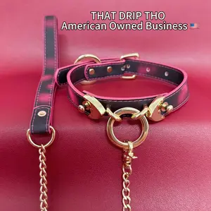 Heat Reactive Rouge Leather Collar Choker with Gold O-Ring & Matching Chain Leash for Alt Fashion, Adjustable Fit, Custom Fit