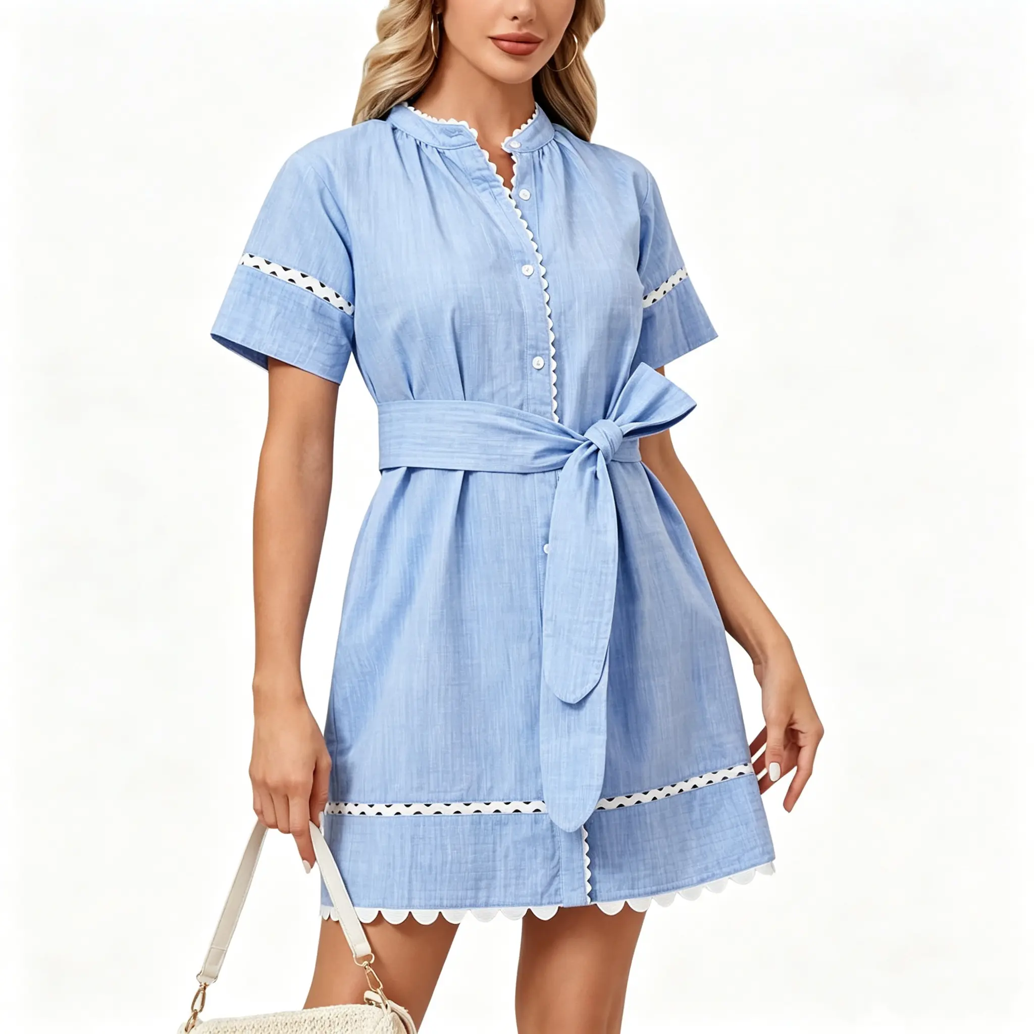 Women's Summer Shirt Dress Short Sleeve Button Down Mini Tie Waist Belted Tunic with Pockets RIC Rac Trim