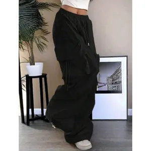 StreetHighWaistFlapPocketDrawstringWaistElasticHemRuchedCasualWearWideLegParachuteCargoPans