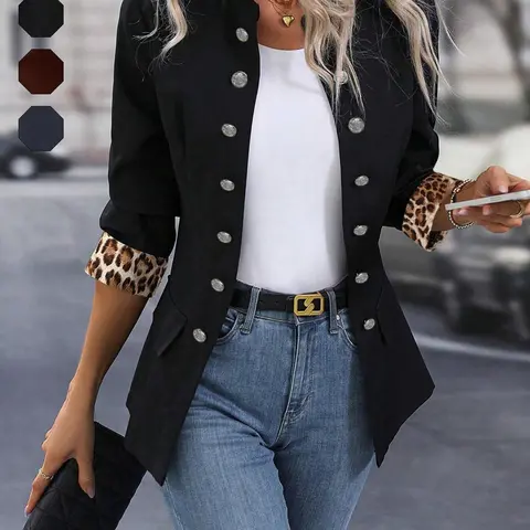 Women's Fashion Casual Fitted Long Sleeve Double Button Jacket Coat, Stylish Outerwear for Ladies, Perfect for Spring Daily Wear & Office Use, Office Style Blazer, Leopard, Womenswear