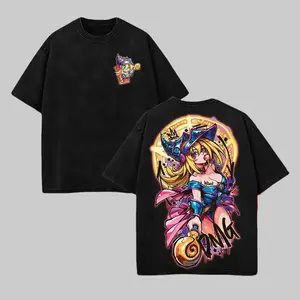 Men's Unisex Yu-Gi-Oh Printed Round Neck Short-Sleeve T-Shirt - Dark Magician Girl Vintage Anime Graphic, Acid Wash Streetwear, Graffiti DMG Bubblegum Magic Circle, Heavyweight Cotton Harajuku Apparel