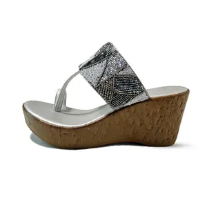 Bonahide Women's Genuine Leather Silver Embroidered Kolhapuri Wedge Sandal Walking Shoes Footwear Shoe Comfort Stylish