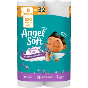 Angel Soft Lavender Toilet Paper 8 Mega Rolls 2-Ply Soft Strong Septic Safe Bath Tissue Bulk Family Pack Bathroom Essentials Long Lasting Value
