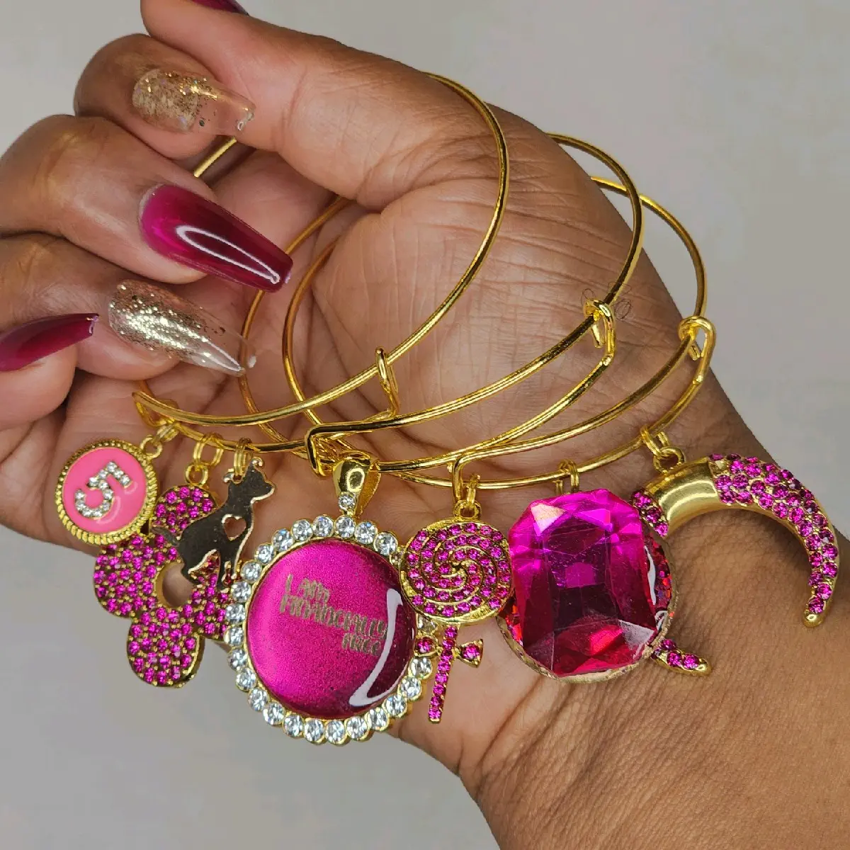I Am Financially Free Affirmation Manifestation Dark Pink Gold Bangle Set