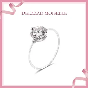 Delzzad 1-2ct Solitaire Prong Fishing Line Ring Band D Color VVS Synthetic Moissanite S925 Clear Thread Ring Jewelry Perfect Birthday Dating Engagement Wedding Anniversary Gift