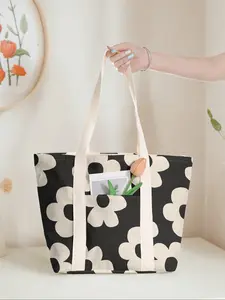 Cartoon Vibrant Floral Print Strawberry Print Large Capacity Tote Bag, Casual Shoulder Backpack with Zipper Closure, Ideal for Gym Beach Work Travel