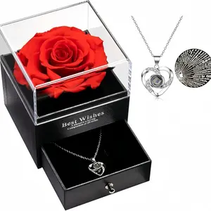 Rose Eternal Flower Gift Box, Personalized Valentine's Day Memorial Gift, Heart Pendant, Available light projection helps display 100 languages: I love you, A gift for girlfriend/wife/mom/daughter, Heart Shaped Necklace