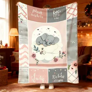 1pc Cute Elephant Nap Blanket for Cozy Bedrooms, Sofas & Camping - Soft Decorative Covering Featuring Warm Pink and Grey Tones with Floral and Cloud Patterns - Perfect for Relaxation and Comfort at Home or Outdoor Adventures