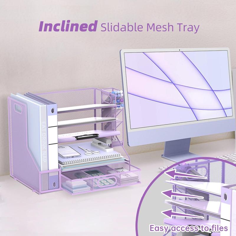 Desk Organizer with File Holder, 5-Tier Mesh Paper Letter Tray Organizer with Pen Holder and Drawer, Desktop Organizer and Storage with 3 Tilted File Sorter for Office Supplies, Purple
