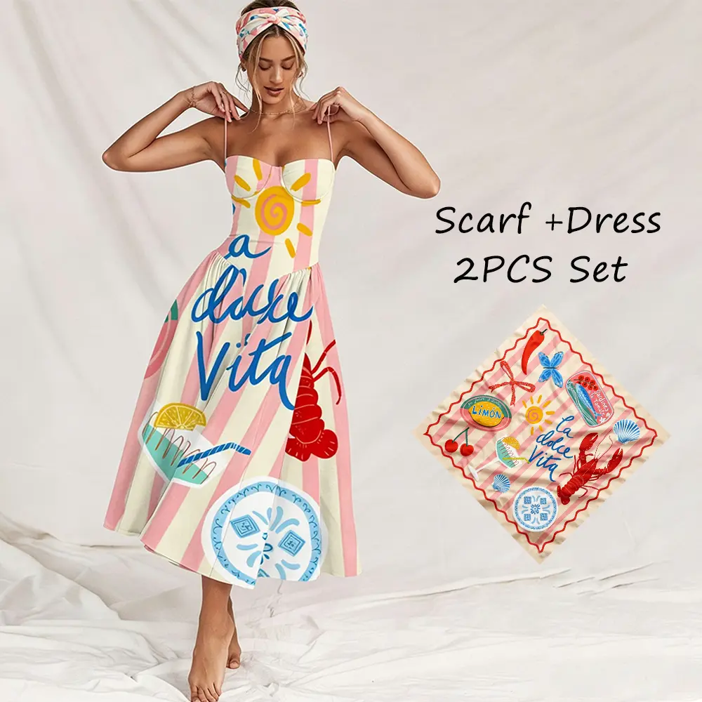 Dress with Scarf Set !!!  Women's French Elegant Beach Spaghetti Strap Dress  With Head Scarf