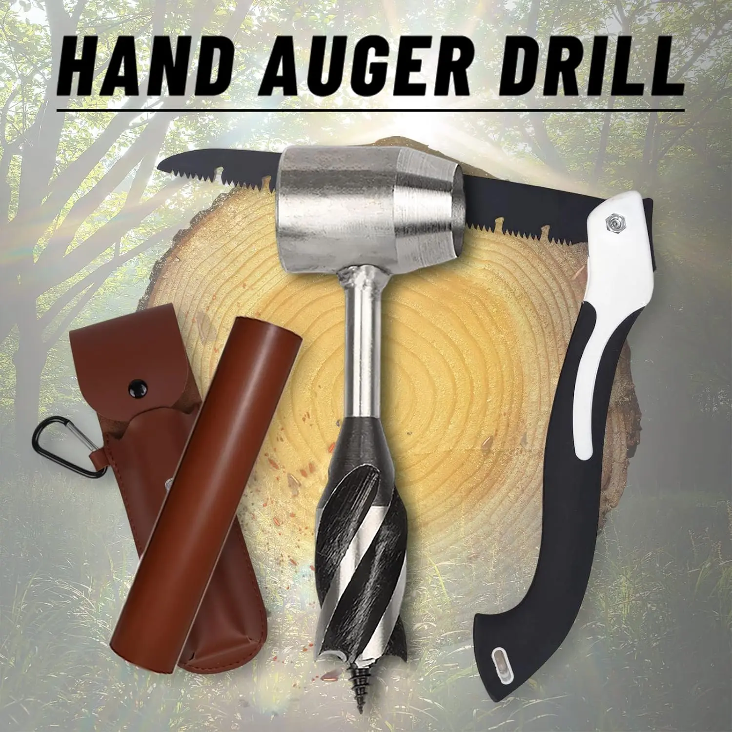Bushcraft Gear Hand Auger Drill,Survival Tools with Folding Saw Making Wooden Rocket Stoves, 1"Dia Drill Peg and Scotch Eye Maker Settlers Wrench for Camping Shelter Building (1"Dia)