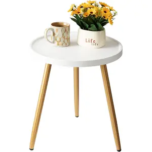 Small Round Side Table, Mini White Table with Wooden Tray & Metal Legged, Gold Side Table for Small Space, Living Room, Bedroom, Nursery, 14.96" D x 14.96" W x 17.52" H, White & Gold