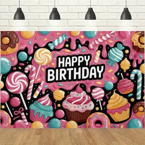 1pc 2D Pink Black Donut Candy Style Happy Birthday Backdrop Banner, Cupcake & Lollipop Elements, Sweet & Playful Style, Perfect for Kids' Dessert Themed Party, Girl's Birthday Celebration, Candy Themed Gathering Decor, Photo Booth Prop