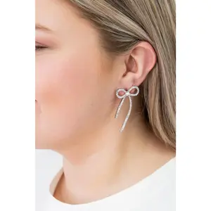 Rhinestone Bow Earrings, Silver