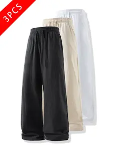 3-pack men’s summer casual long pants made of pure cotton–linen blend, loose straight-leg athletic pants, lightweight, comfortable, breathable, simple versatile design