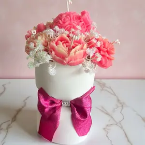 Candle Flower Bag - Decorative Floral Arrangement with Pink and White Flowers in Gift Box - Elegant Wax Bouquet for Special Occasions