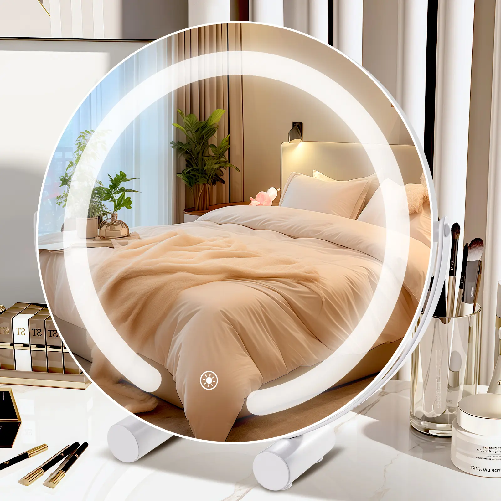 Bearolve 12-in Minimalist LED Vanity Mirror, Adjustable with 3 Dimmable Color Modes, Smart Touch Control & 360° Smooth Rotation, Tabletop Design with Aluminum Frame
