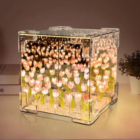 2Pcs Handmade Tulip Night Light LED Mirror Lamps with Gift Bag, DIY Crystal Rocks Tulip Flowers Decor, Nightstand Lamp, Room Decor for Women, Creative Gift for Mom, Mothers Day Idea, Modern Mood Lighting with LED Beads