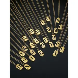 1 Pc Funky Versatile 26 Letter Square Pendant Necklace Fashionable Stainless Steel Women's Jewelry