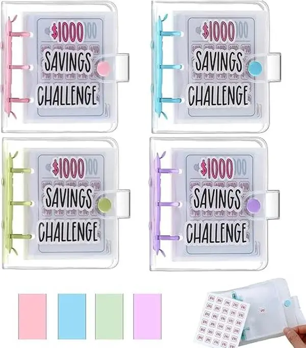 $1000 Savings Challenge Organizer - 2026 Reusable Mini Binder, 25 Transparent PVC Pockets, Loose Leaf Finance Planner, Flexible Durable Office Accounting Supplies