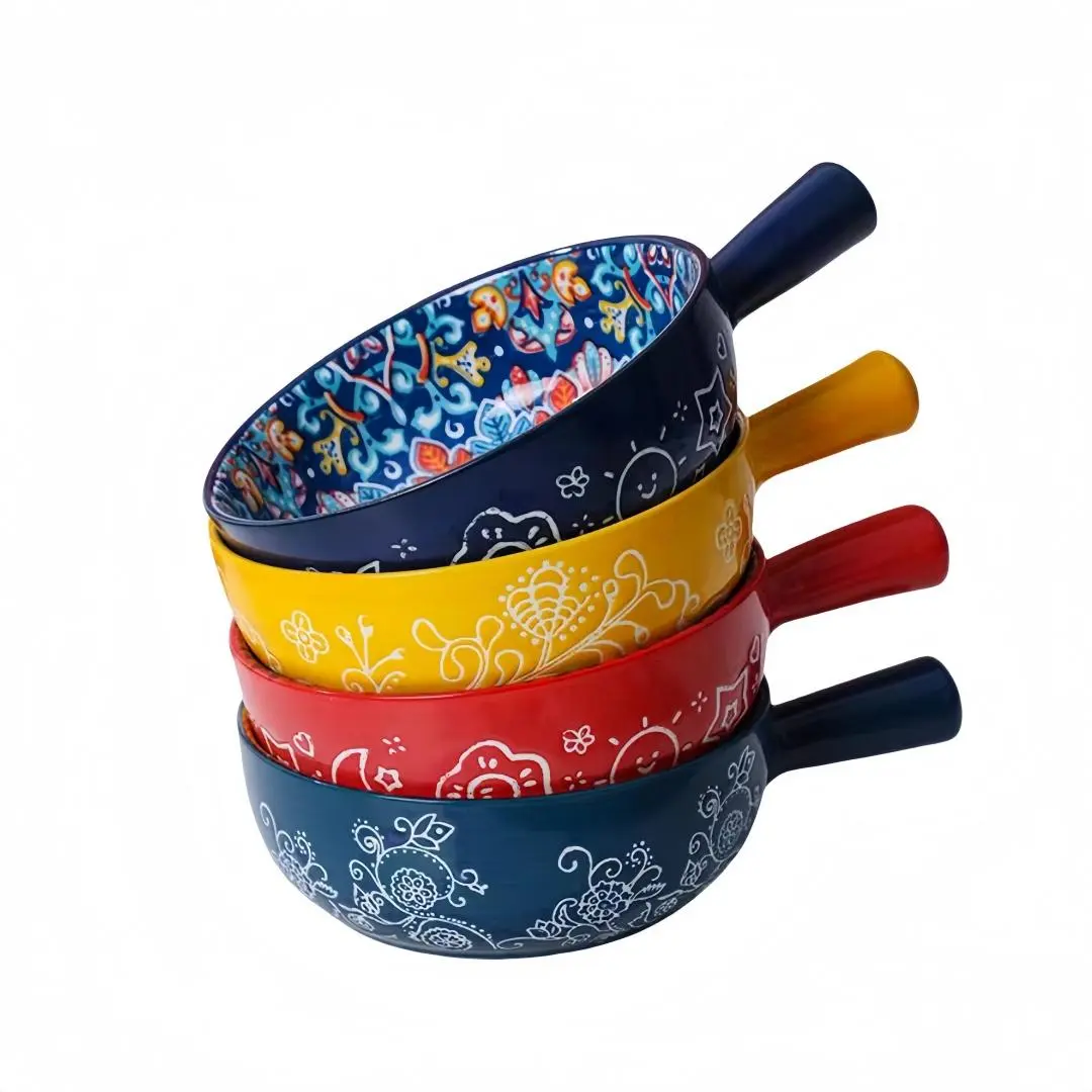 Boho Style Baking Bowl Set, Colorful Baking Bowls with Handle, Mixing and Serving Bowls for Fruit, Salad, Pasta and Desserts, Ceramic Salad Bowls, Kitchenware Ceramics